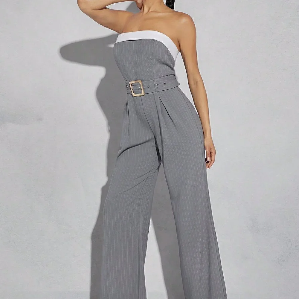 Grey Preppy Womens Pinstriped Tube Belted Jumpsuit